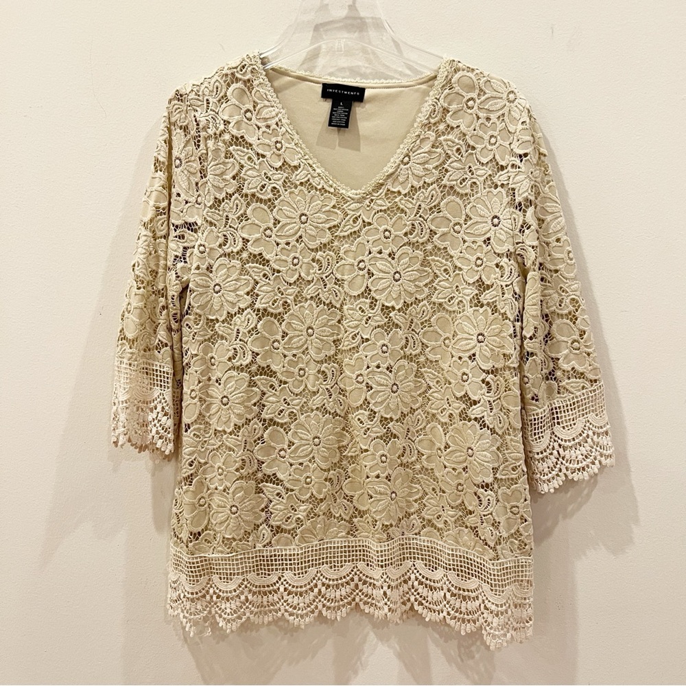 Investments Top Womens Large Brown Floral Crochet Embroidered Romantic Bohemian